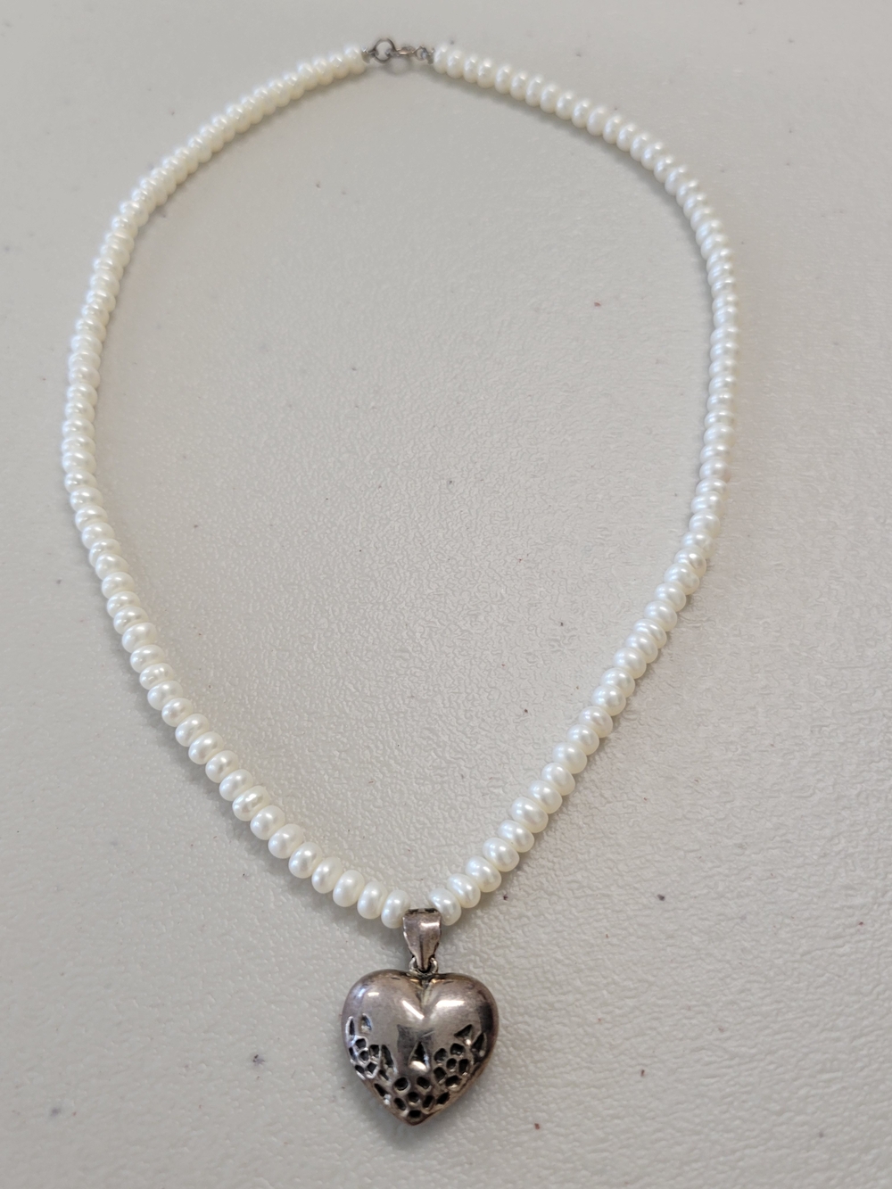 Vintage Sterling Silver Heart Pendant Pearl Necklace Sz 15"